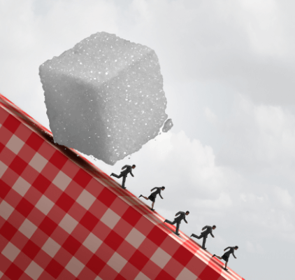 People running away from a cube of sugar that is about to crush them.