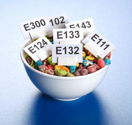 Bowl with numbers for additives in processed foods.