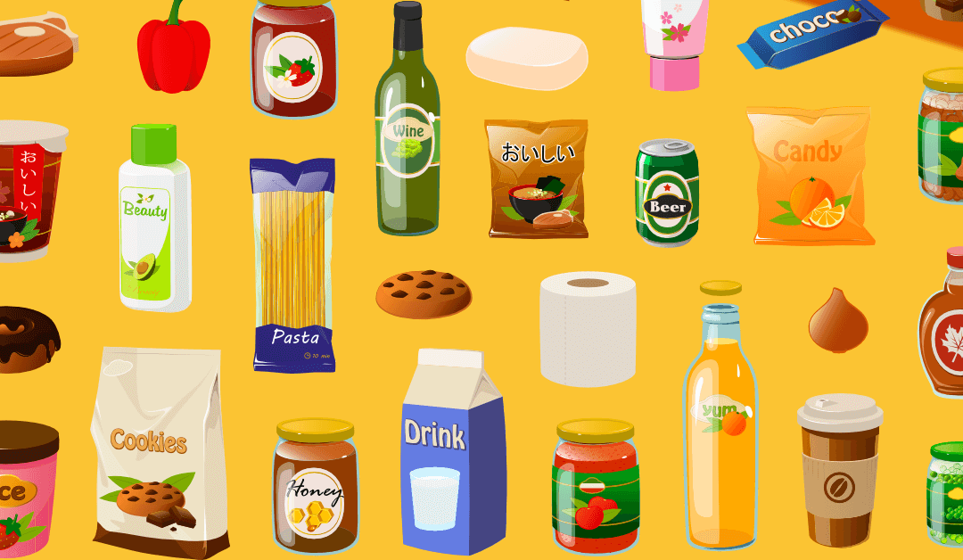 Image of processed food, like beer, pasta and juice.