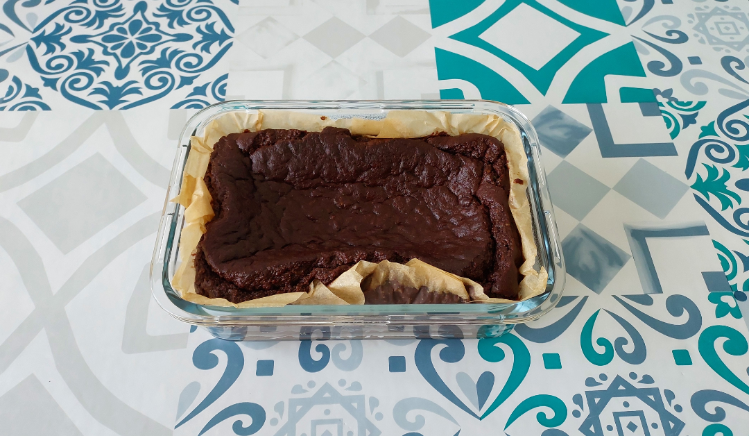 Chocolate cake in a baking tin.