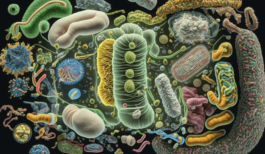 An illustration of a microbiome: microbes, bacteria, fungi.