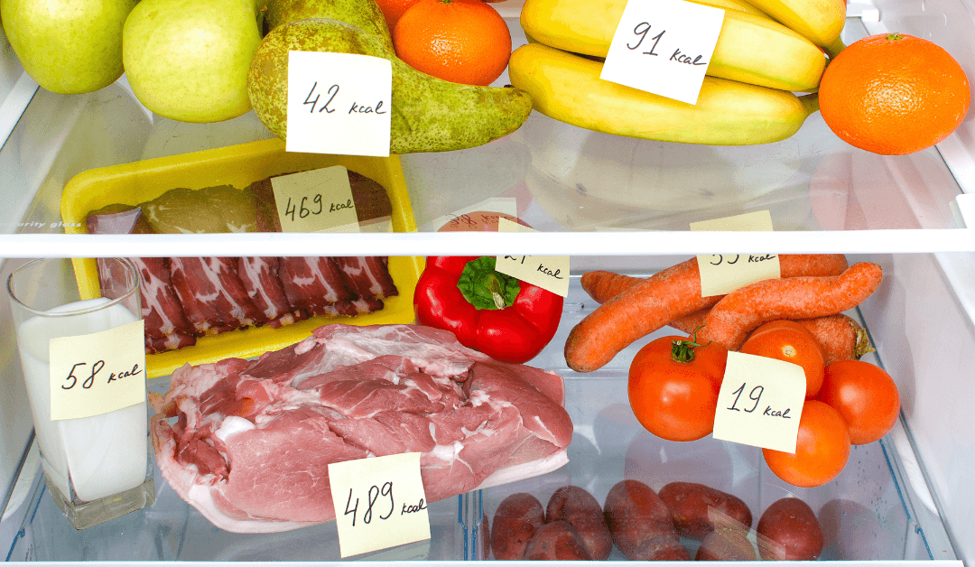 Food in fridge marked with the calories it contains.