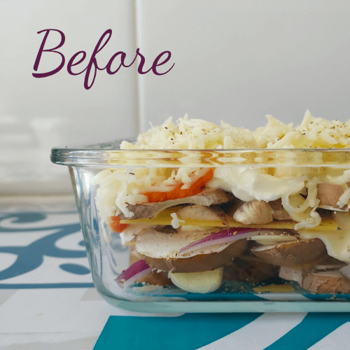 lasagne before baking: Layers of mushrooms and cream cheese are clearly separated.